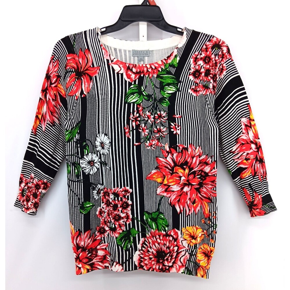 Joseph A Sweater Womens Medium Black White Striped Floral Lightweight Top NWT